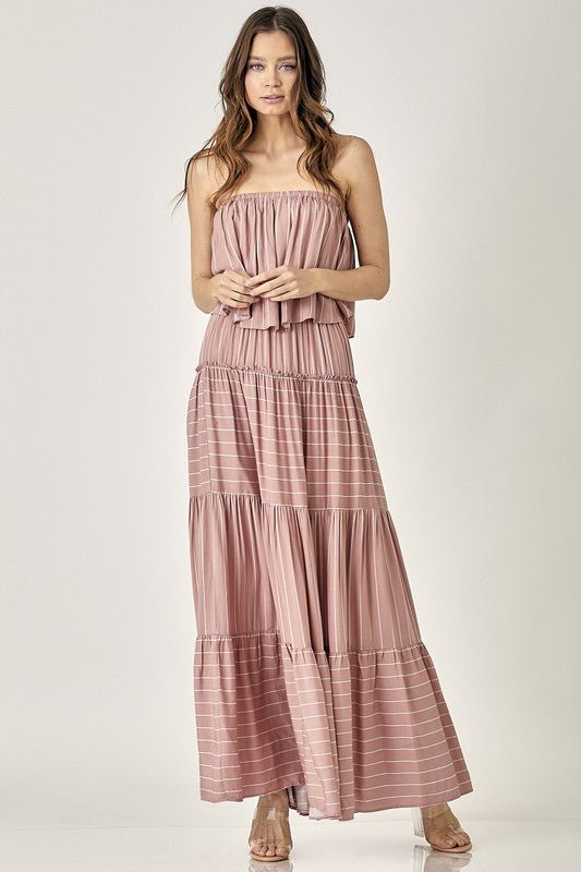 Pin Stripe Print Tube Maxi Dress - KOKOTETE