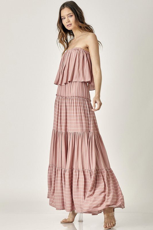 Pin Stripe Print Tube Maxi Dress - KOKOTETE