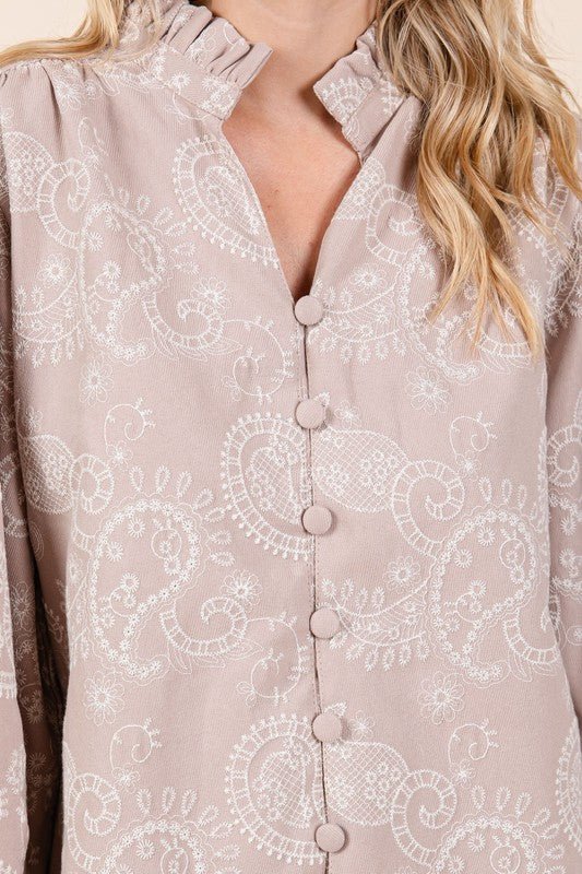 Plus Paisley Eyelet Laced Button - Up Blouse - KOKOTETE