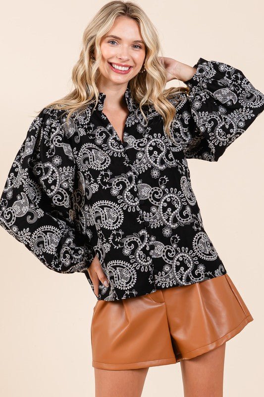 Plus Paisley Eyelet Laced Button - Up Blouse - KOKOTETE