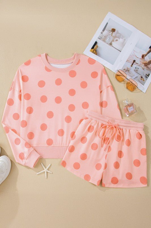 Polka Dot Pullover and Drawstring Shorts Set - KOKOTETE