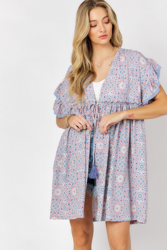 Printed Short Sleeve Ruffle Kimono - KOKOTETE