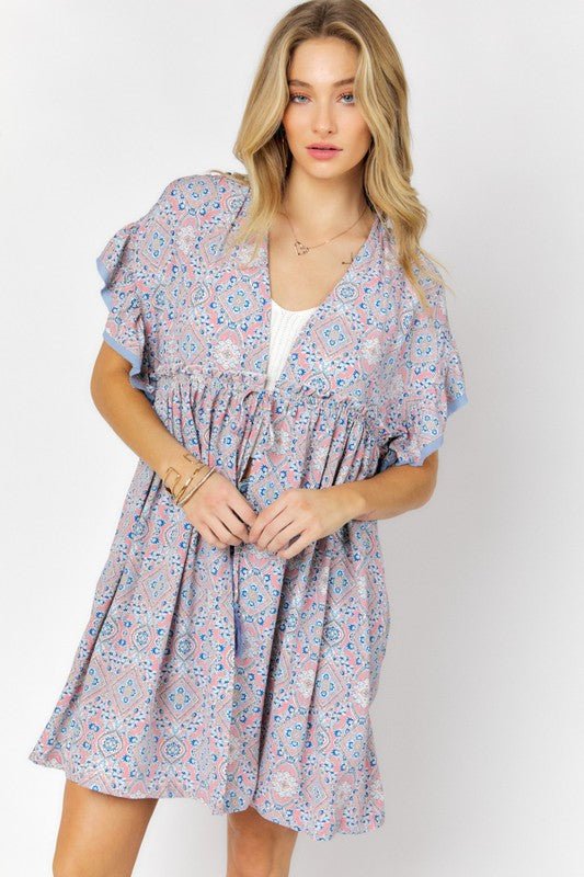 Printed Short Sleeve Ruffle Kimono - KOKOTETE