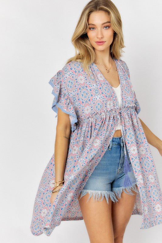 Printed Short Sleeve Ruffle Kimono - KOKOTETE