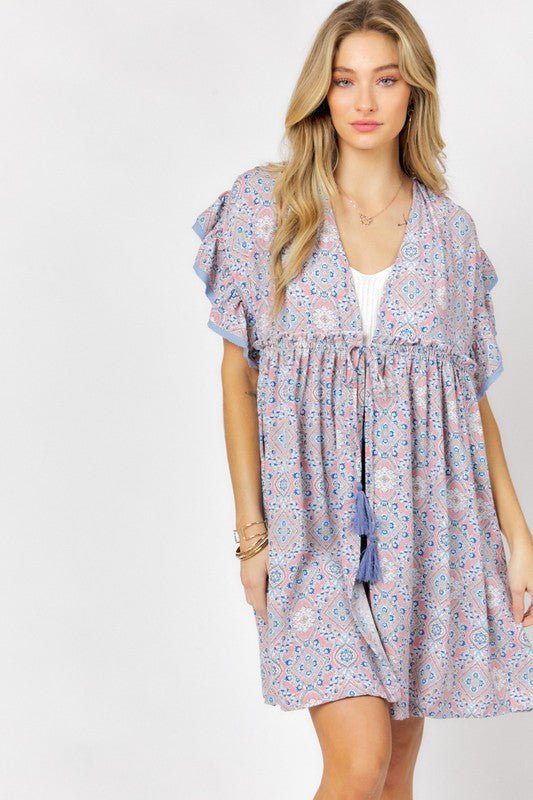 Printed Short Sleeve Ruffle Kimono - KOKOTETE