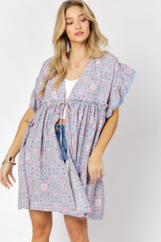 Printed Short Sleeve Ruffle Kimono - KOKOTETE