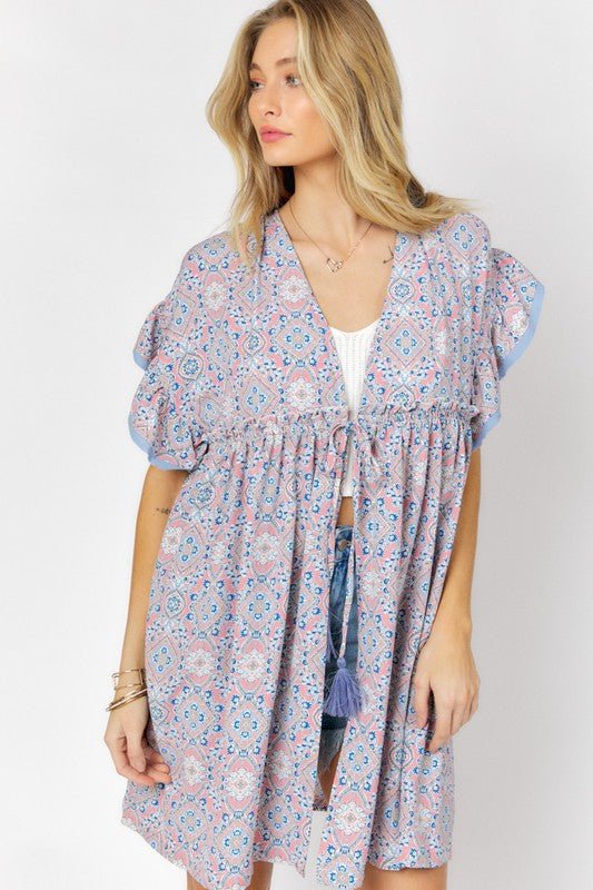 Printed Short Sleeve Ruffle Kimono - KOKOTETE