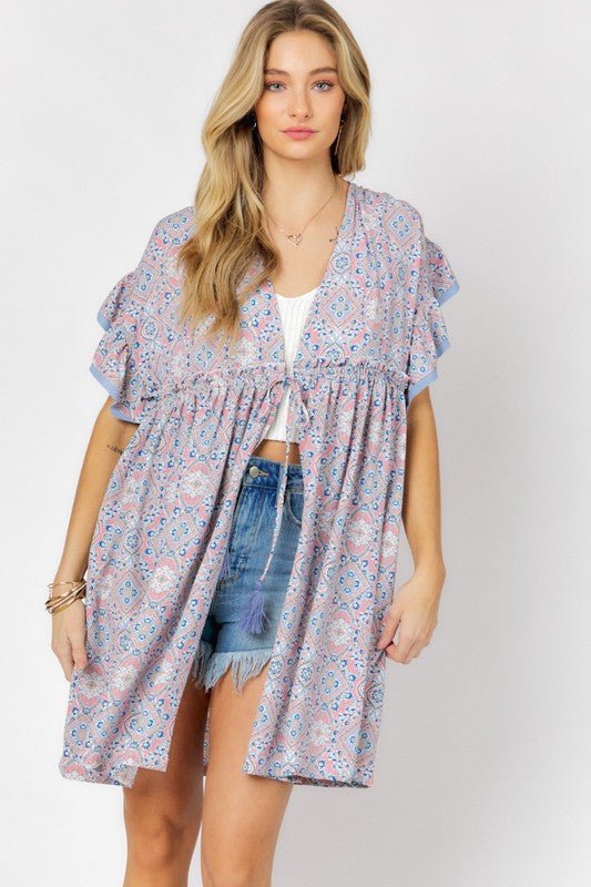 Printed Short Sleeve Ruffle Kimono - KOKOTETE