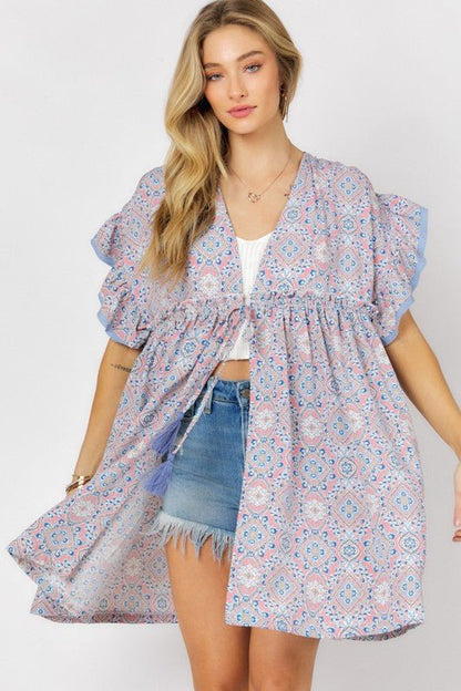 Printed Short Sleeve Ruffle Kimono - KOKOTETE