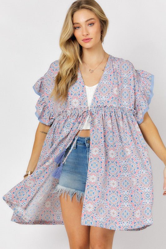 Printed Short Sleeve Ruffle Kimono - KOKOTETE