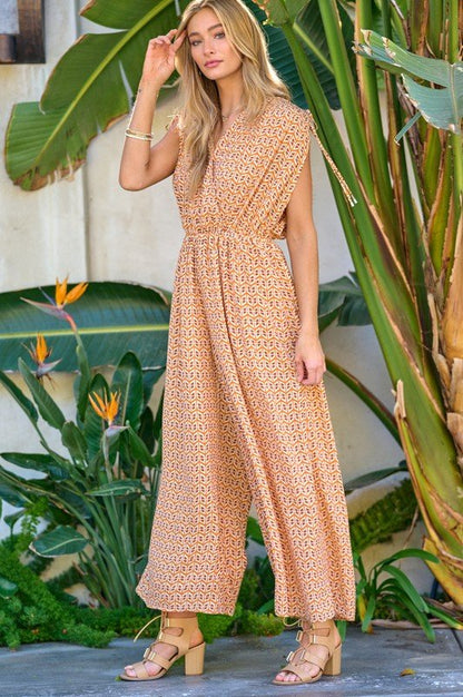 Printed V-Neck Sleeveless Jumpsuit - KOKOTETE