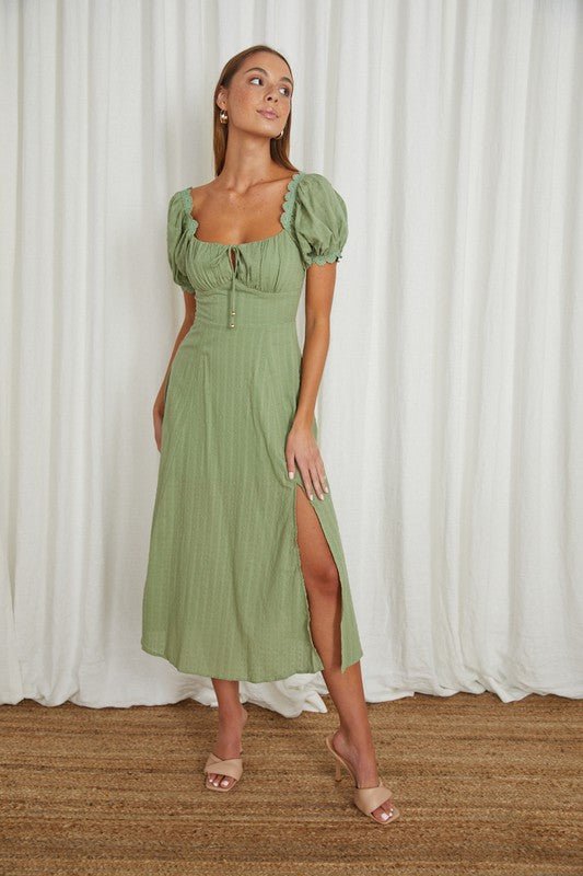 Puff Sleeved Tied Front Midi Dress - KOKOTETE