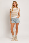 Round Neck Ruffle Sleeve Stripe Knit Top - KOKOTETE