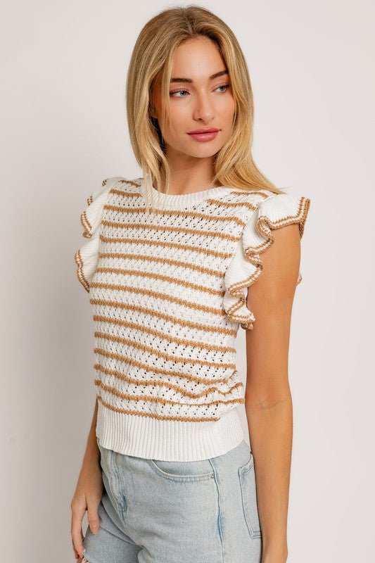 Round Neck Ruffle Sleeve Stripe Knit Top - KOKOTETE