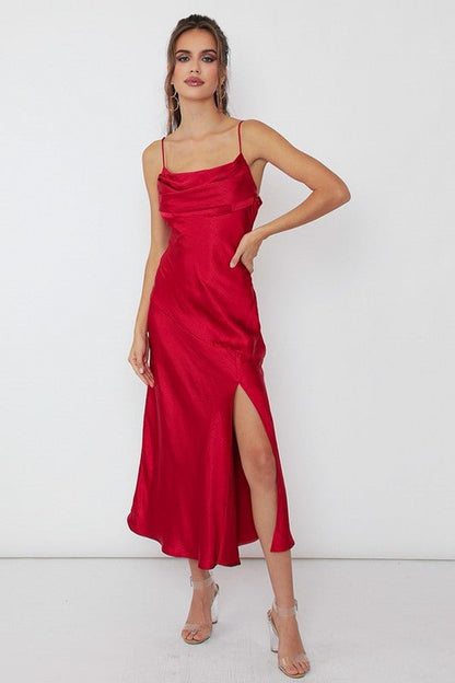 Satin Side Slit Midi Dress - KOKOTETE