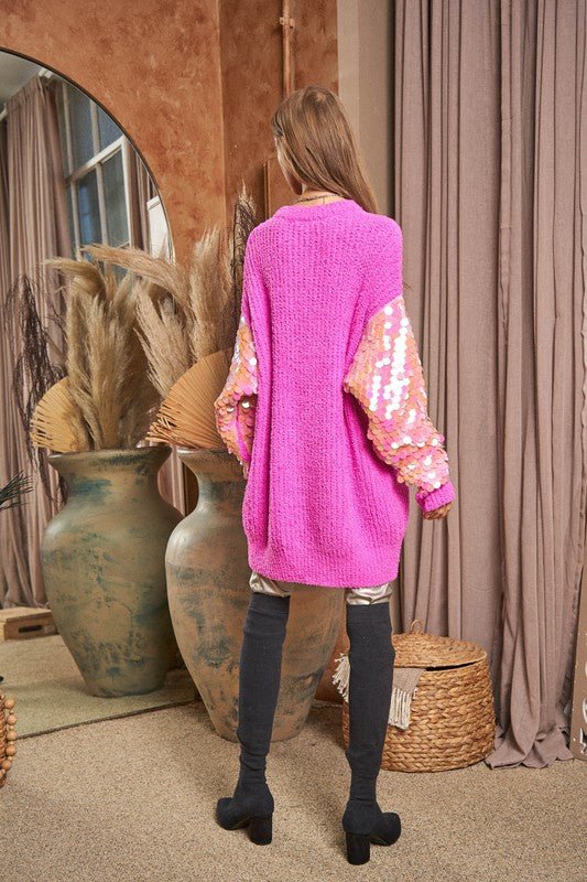 Sequin Sleeve Sweater Knit Tunic Top - KOKOTETE