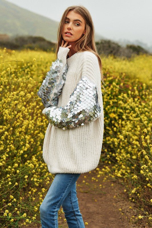 Sequin Sleeve Sweater Knit Tunic Top - KOKOTETE