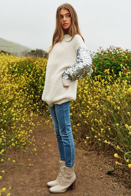 Sequin Sleeve Sweater Knit Tunic Top - KOKOTETE