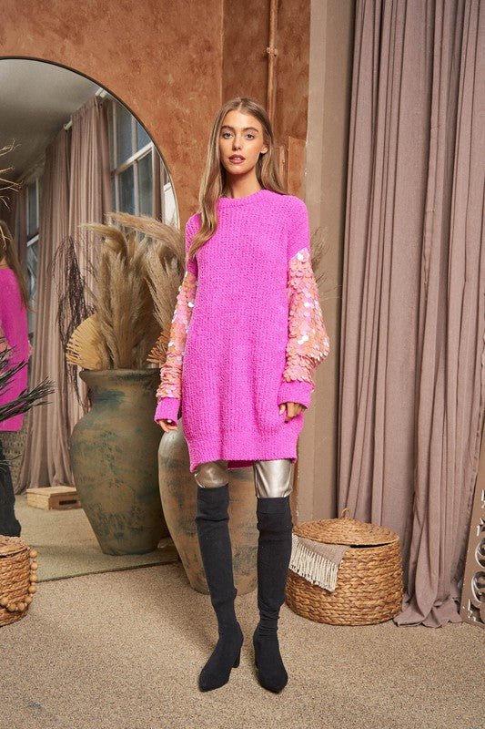 Sequin Sleeve Sweater Knit Tunic Top - KOKOTETE