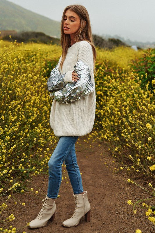 Sequin Sleeve Sweater Knit Tunic Top - KOKOTETE