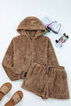 Sherpa Zip - Up Hoodie and Drawstring Shorts Set - KOKOTETE