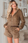 Sherpa Zip - Up Hoodie and Drawstring Shorts Set - KOKOTETE