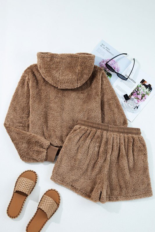 Sherpa Zip - Up Hoodie and Drawstring Shorts Set - KOKOTETE