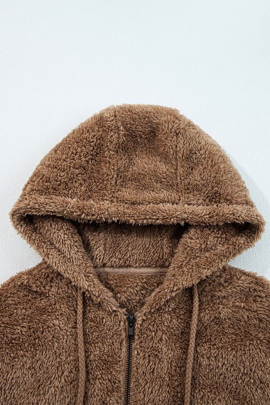 Sherpa Zip - Up Hoodie and Drawstring Shorts Set - KOKOTETE
