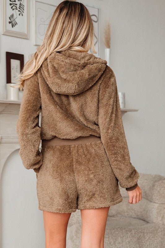 Sherpa Zip - Up Hoodie and Drawstring Shorts Set - KOKOTETE