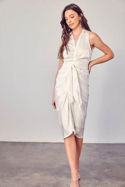 Sleeveless Collared Front Tie Dress - KOKOTETE