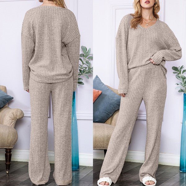 Slouchy Beige ribbed knit loungewear set - KOKOTETE