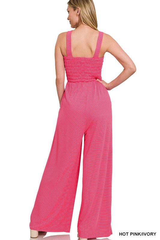 Smocked Top Striped Jumpsuit - KOKOTETE