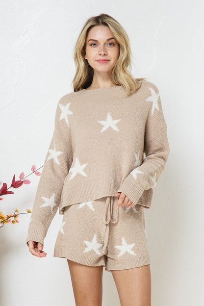 Soft Long Sleeve Star Print Top and Short Set - KOKOTETE