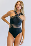 Solid Halter Neck One Piece Swimsuit - KOKOTETE