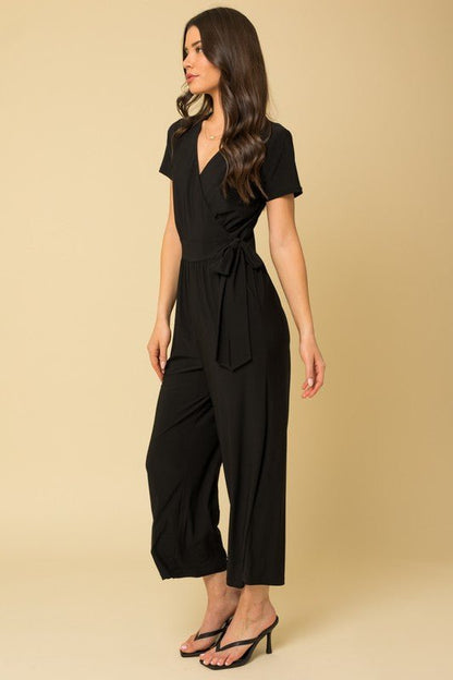 Solid Surplice Cropped Jumpsuit with Faux Wrap - KOKOTETE