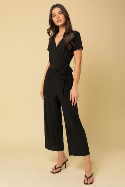 Solid Surplice Cropped Jumpsuit with Faux Wrap - KOKOTETE