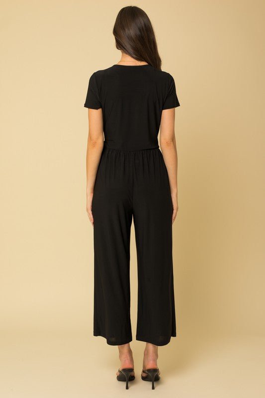 Solid Surplice Cropped Jumpsuit with Faux Wrap - KOKOTETE