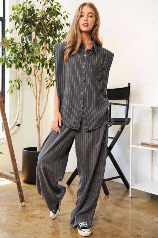 Stripe Button Down Shirt and Long Pants Set - KOKOTETE