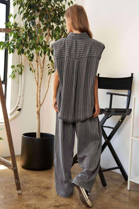 Stripe Button Down Shirt and Long Pants Set - KOKOTETE