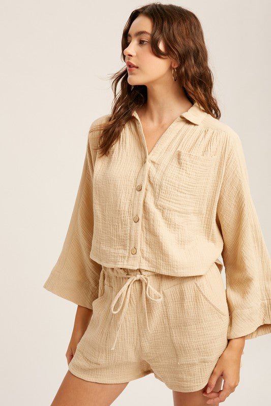 Textured Cotton Button Down Top and Pant Sets - KOKOTETE