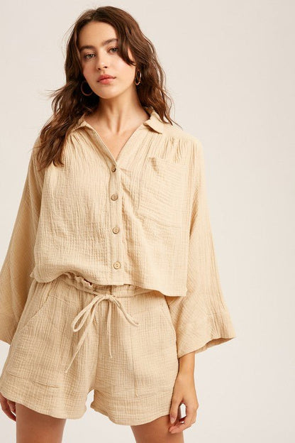 Textured Cotton Button Down Top and Pant Sets - KOKOTETE