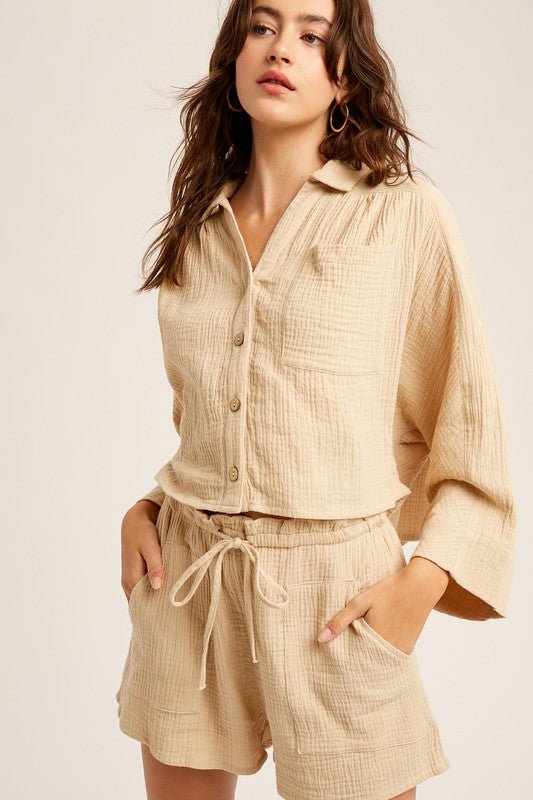 Textured Cotton Button Down Top and Pant Sets - KOKOTETE