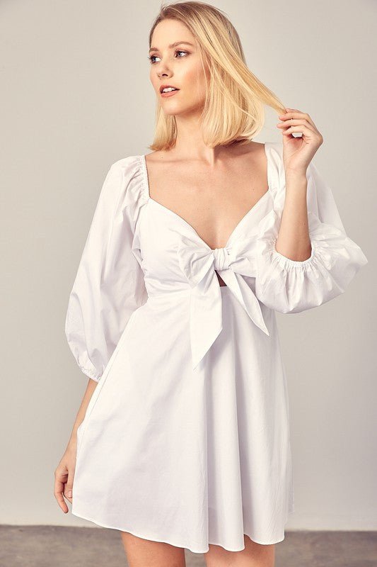 Tie Front Puff Sleeve Romper Dress - KOKOTETE