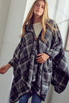 TOGGLE CLOSE PLAID PONCHO - KOKOTETE