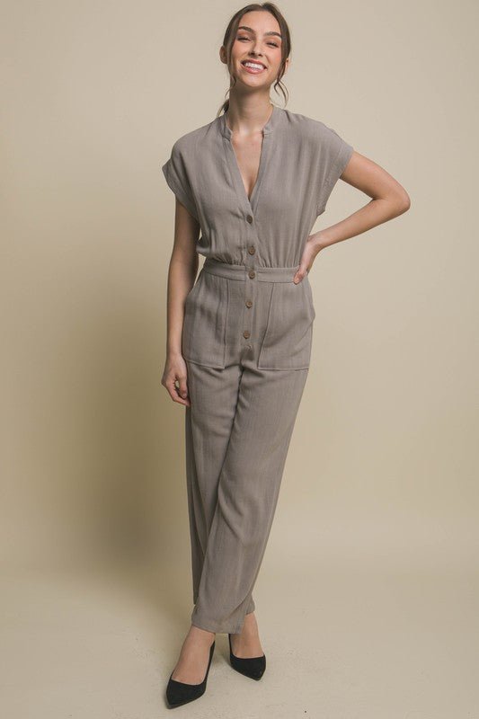 V-Neck Pocketed Jumpsuit - KOKOTETE