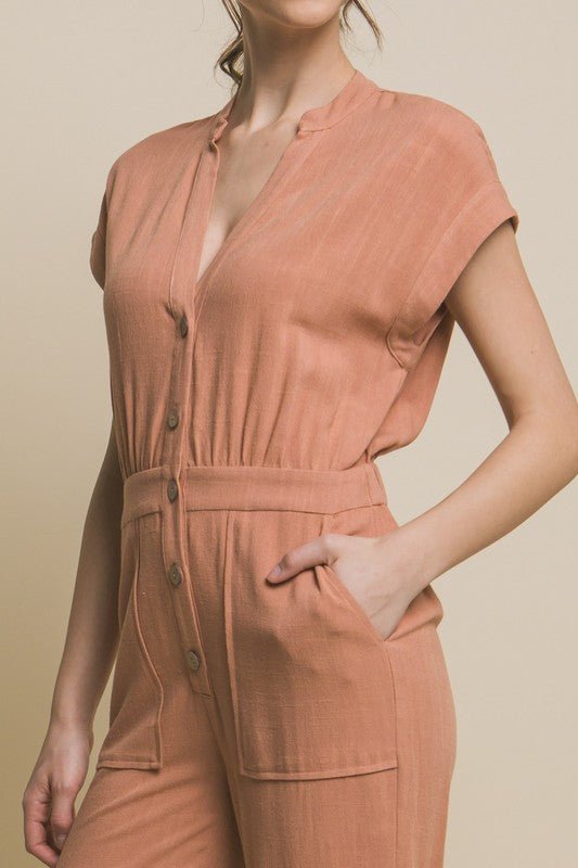 V-Neck Pocketed Jumpsuit - KOKOTETE