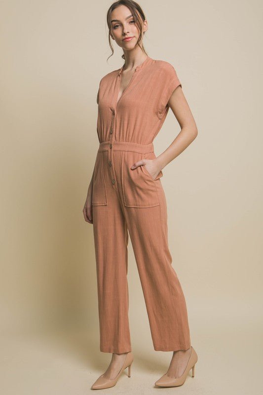 V-Neck Pocketed Jumpsuit - KOKOTETE