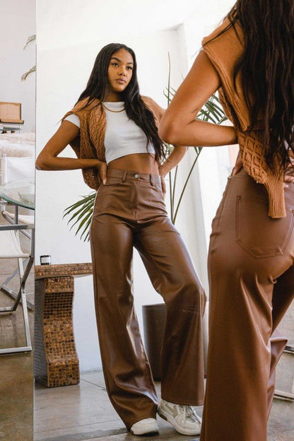 Vegan Leather Wide Leg Pants - KOKOTETE