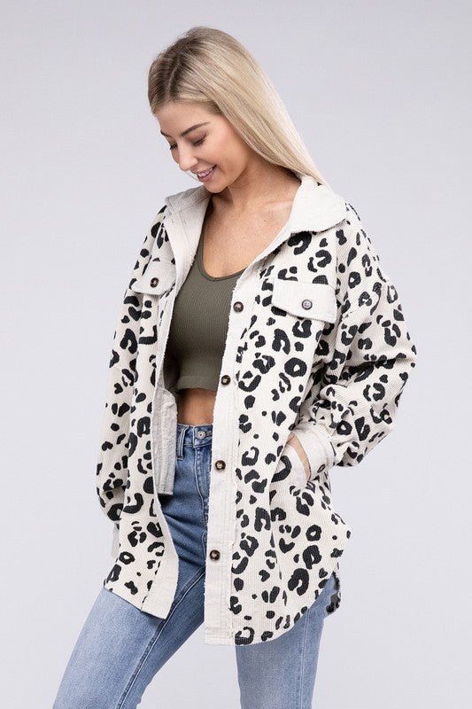 Vintage Washed Leopard Corduroy Buttoned Jacket - KOKOTETE