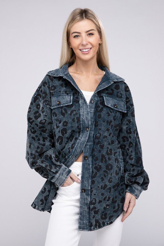 Vintage Washed Leopard Corduroy Buttoned Jacket - KOKOTETE